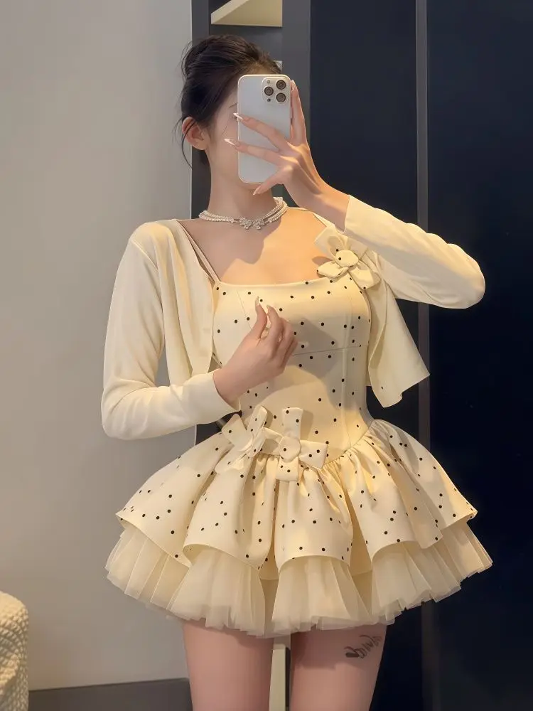 

Summer Kawaii Polka Dot 2-piece Set Women Bow Cute Mini Dress + Solid Short Cardigan Daily Elegant Lolita Dress Sets 2025 New