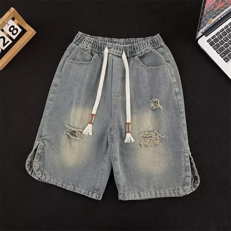 

American Retro Distressed Men's Denim Shorts Summer Drawstring Loose Straight Cut mid Waist Jeans Casual Straight Leg Pants