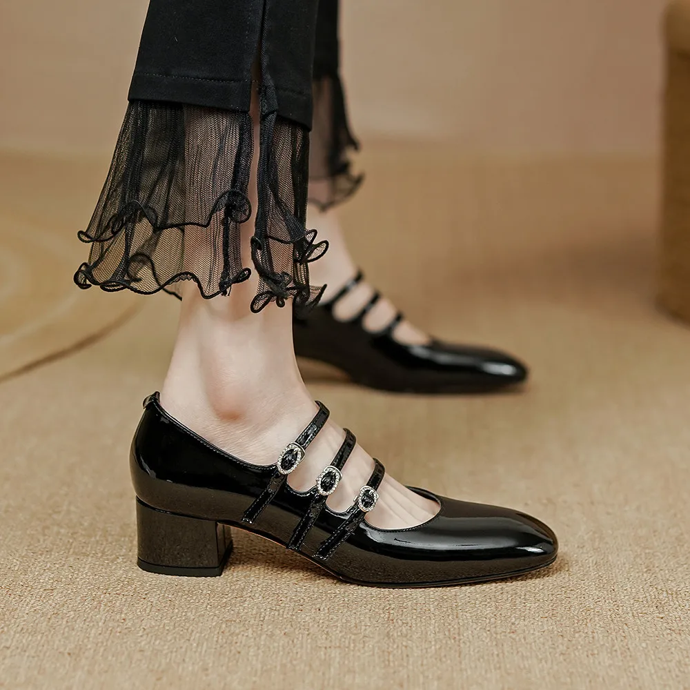 Aucegi 2023 Elegant Vintage Women Pumps Spring Office Party Square Toe 4cm Chunky Heels Patent Leather Classic Mary Janes Shoes