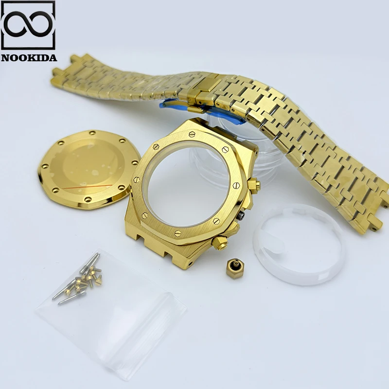 Nookida 42mm 316l aço inoxidável safira cristal caixa de relógio caber quartzo vk63 movimento relógio caso cinta peça reparo