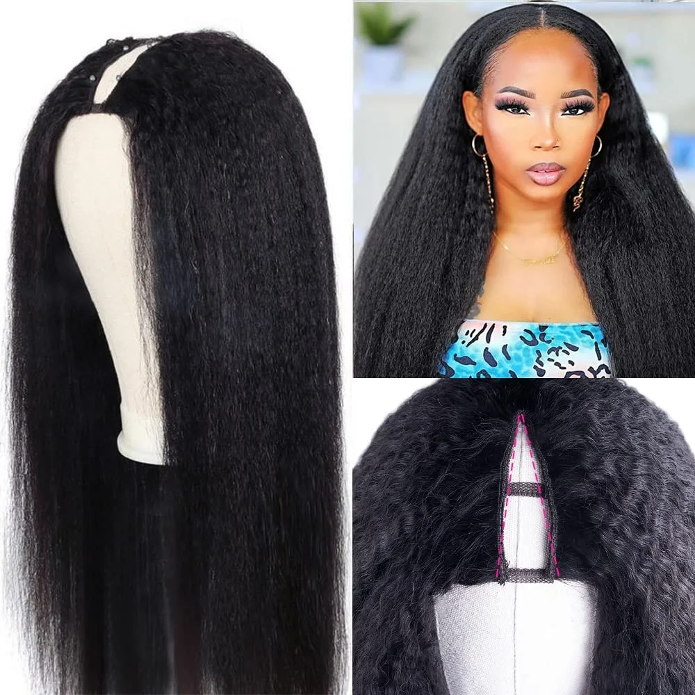 V Part Wig Human Hair Kinky Straight U Part Wigs For Women 180% Density Yaki Straight Upgrade U Part Human Hair Wig No Leave Out