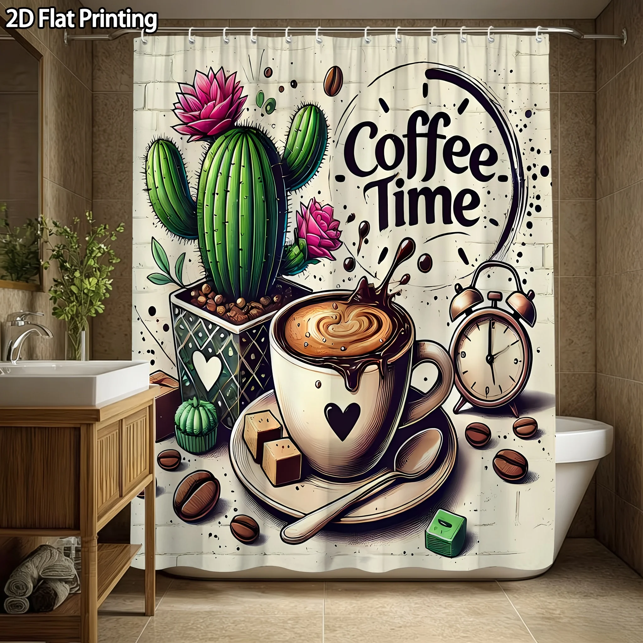 Coffee Time Cactus Shower Curtain, Vintage Coffee Cup & Alarm Clock Print Waterproof Bathroom Decor Plant Lover Home Bath Screen