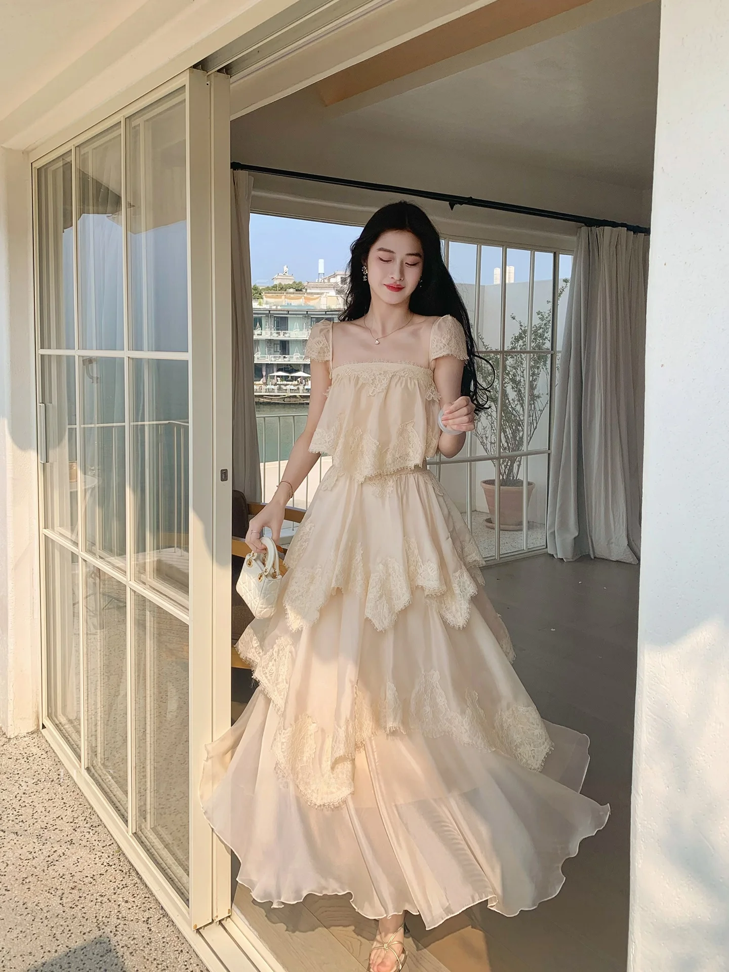 

Lingan Zhihe Lace ort Sve Top And Skirt Set Spring Casual Loose Fit High Waist French Sle Faion Ensemble