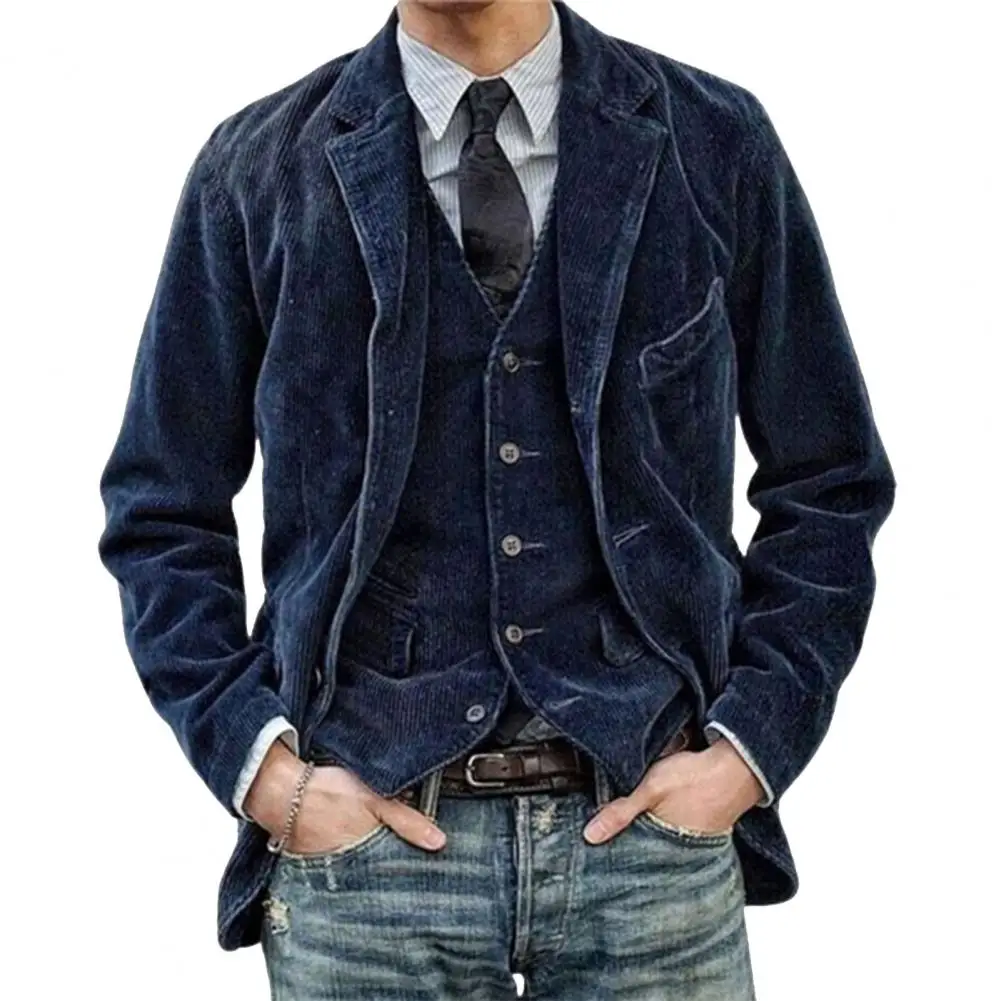 

Retro Corduroy Coat Lapel Long Sleeve Single Breasted Casual Suit Jacket With Pockets Solid Color Loose Fit Business Outwear