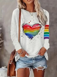 New Rainbow Colour Heart Print Women's T-shirt Graphic Shirts Long Sleeve Blouse Crop Top Plus Size Women's Clothing Female