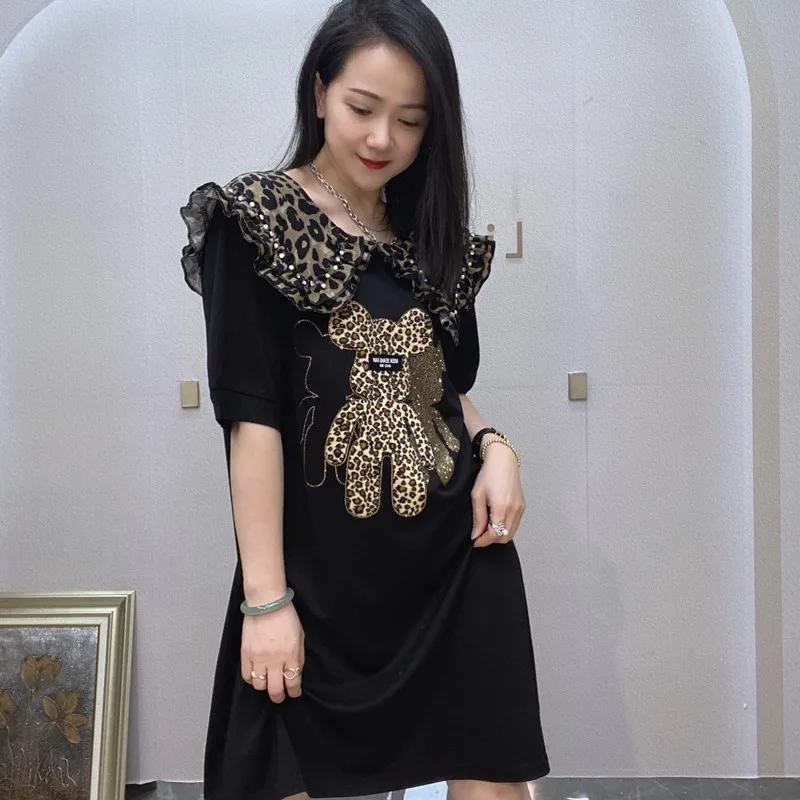 2024 Summer Dress Women Streetwear Cartoon Bear Diamonds Leopard Print Collar Pullovers Dresses Casual Loose Womens Clothing