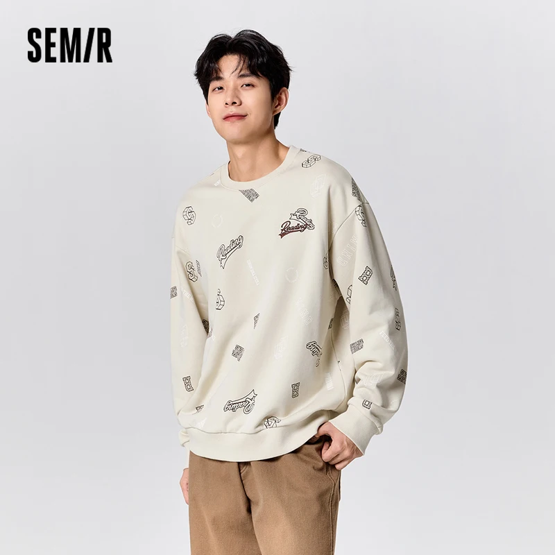 Semir Sweatshirt Men Winter Trendy Full-Print Top Niche Personality Loose Round Neck Dropped Shoulder Fleece Casual Wear