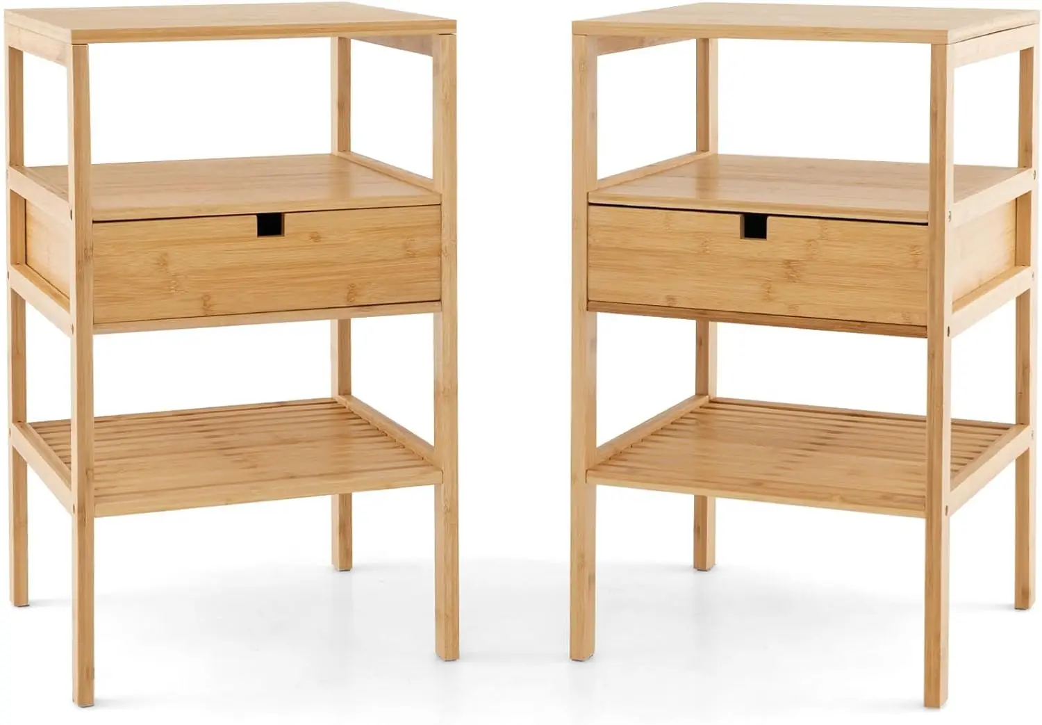 

Bamboo Nightstands Set Of 2, Wood Side Tables With Drawer And 2 Storage Shelves, Multifunctional Bedside Tables For Small