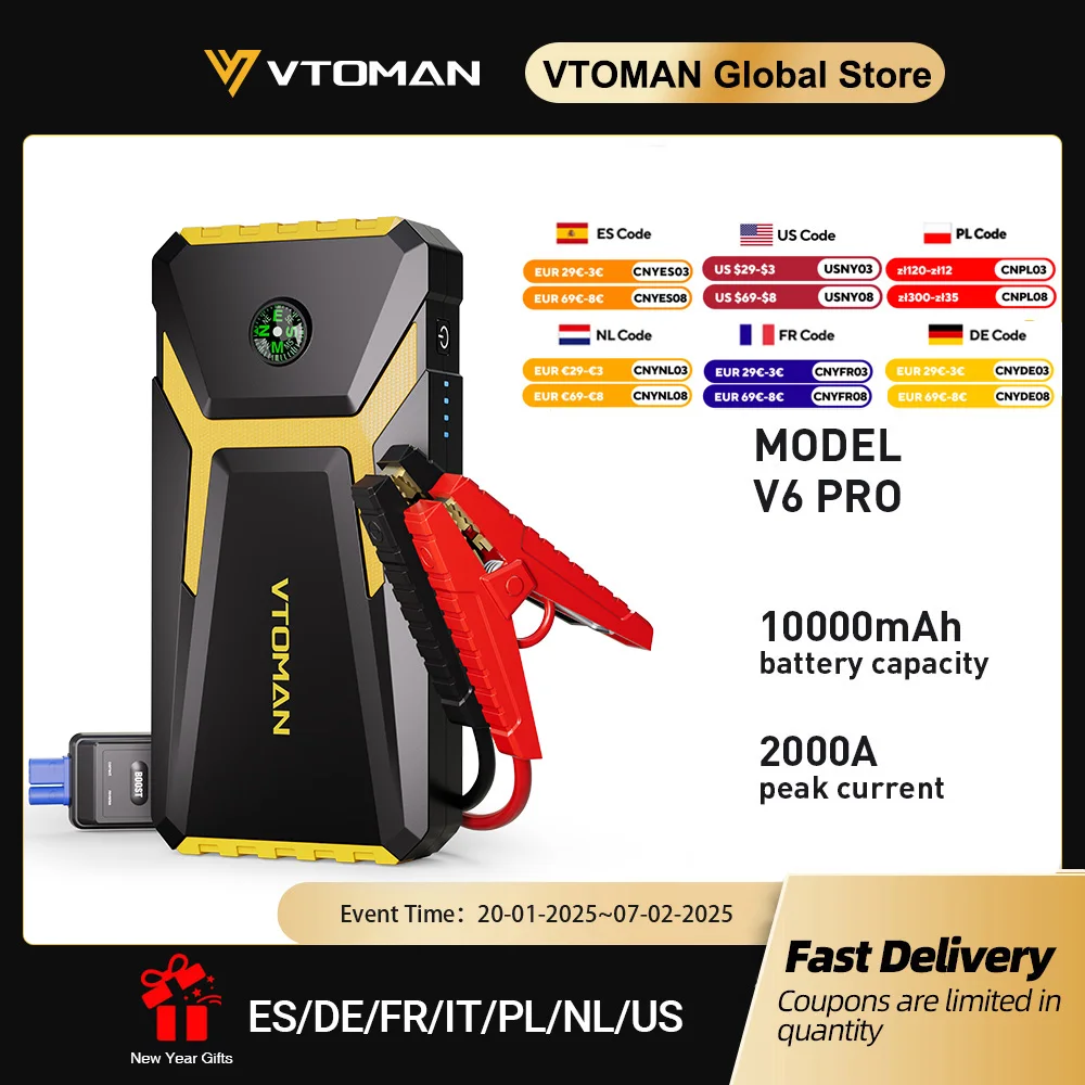 

VTOMAN V6 Pro Car Jump Starter Power Bank 2000A Car Battery Charger Auto Emergency Booster Starting Device Jump Starter