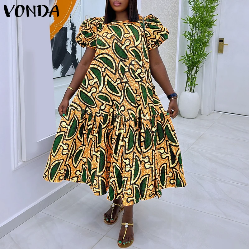 

Платье женское VONDA больших размеров 5XL, винтажное, с принтом, с пышными рукавами, повседневное, свободное, модное, с оборками, миди, оверсайз