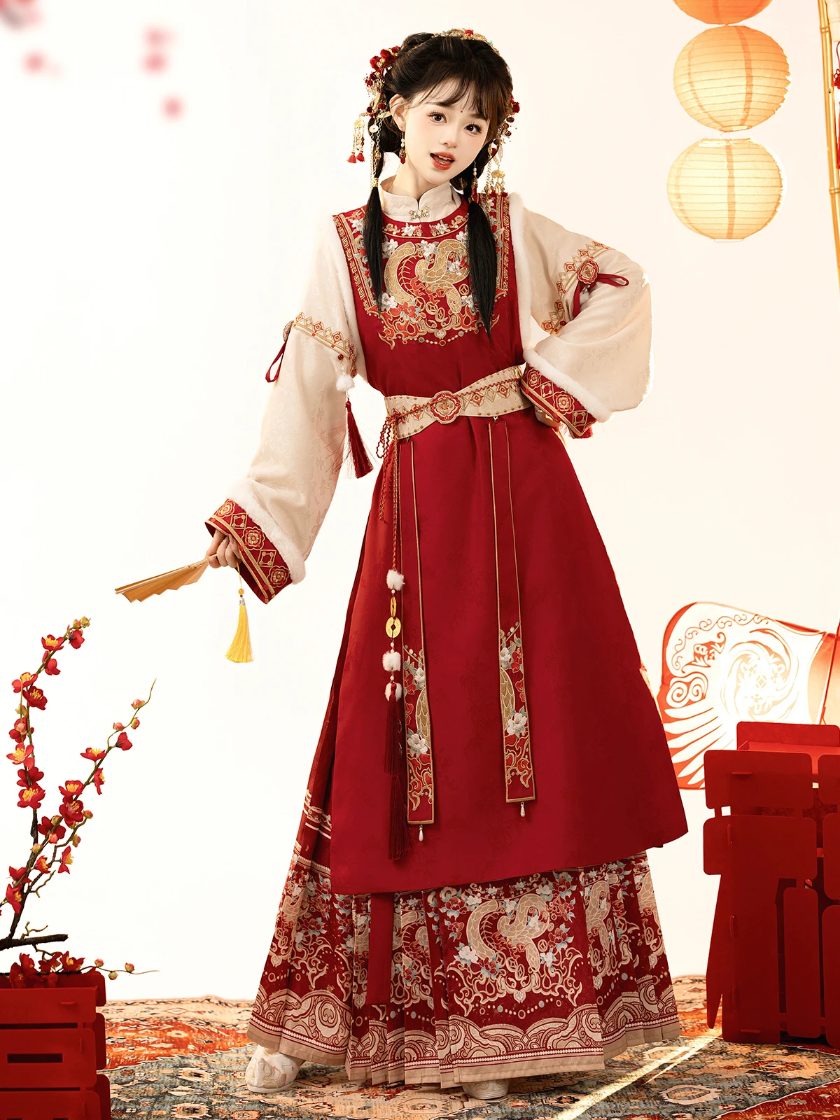 

Традиционное китайское платье, зимнее женское платье Hanfu, красный, новогодний костюм с юбкой в виде лошади Hanfu, костюм vêtements, традиции, Chinois Femme