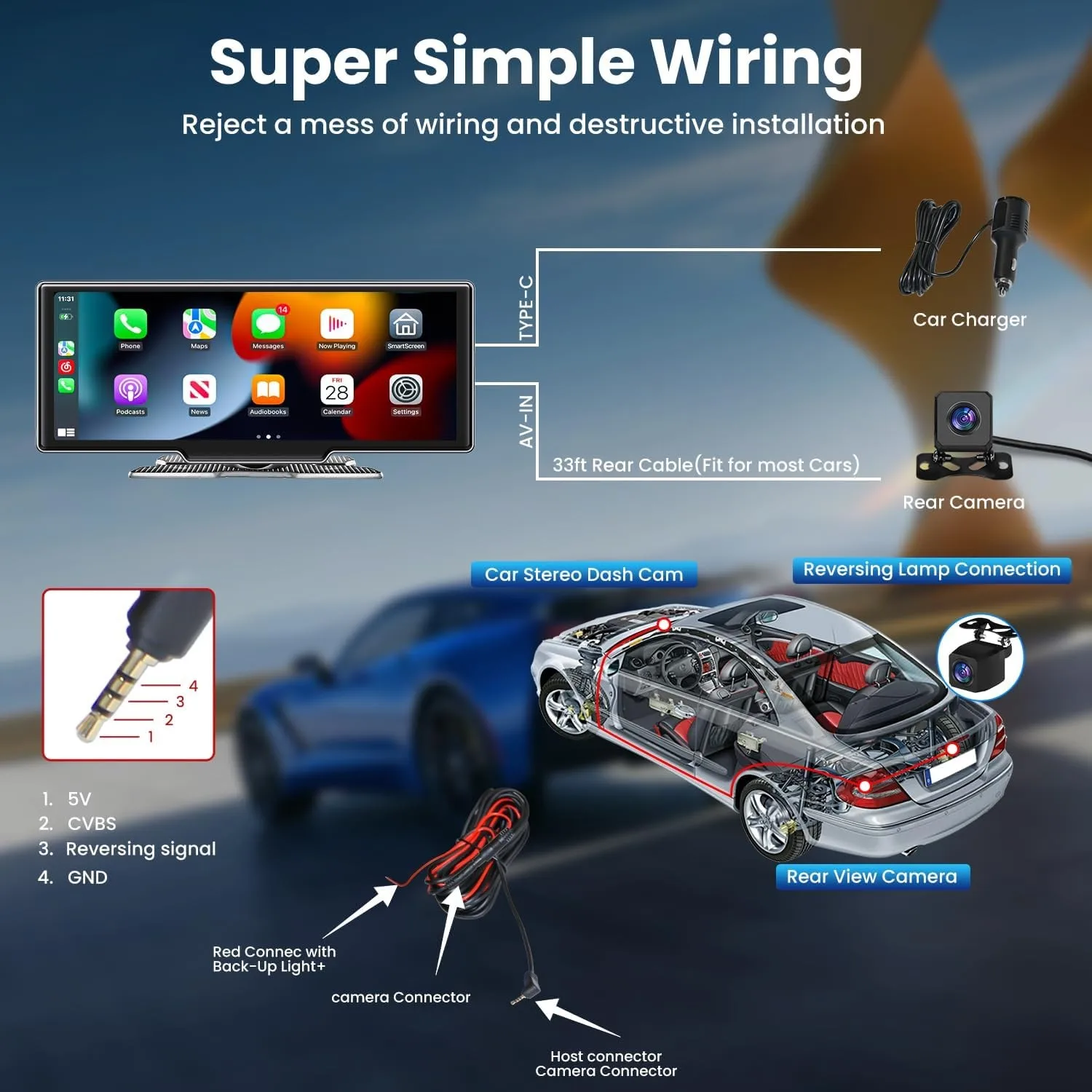 Srnubi 10,26 "4K DVR para coche inalámbrico CarPlay y Android Auto grabación Dual visión nocturna WiFi GPS grabadora de vídeo de navegación