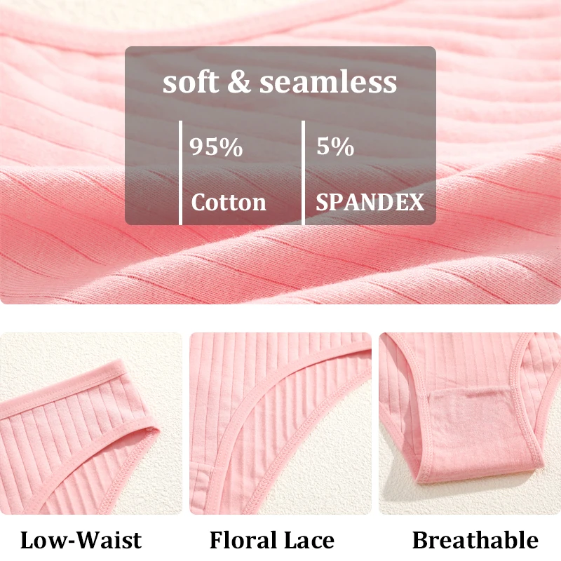 4Pcs/Set Cotton Panties Women Striped Solid Color Briefs Sexy Low-Waist Breatha… - Image 5