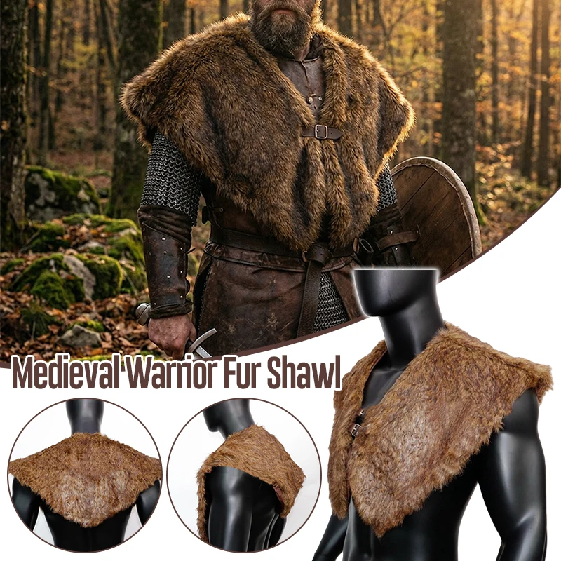 Medieval Viking Knight Faux Fur Cape Vintage Renaissance Viking Fur Collar Shoulder Wraps Cloak LARP Halloween Cosplay Costume