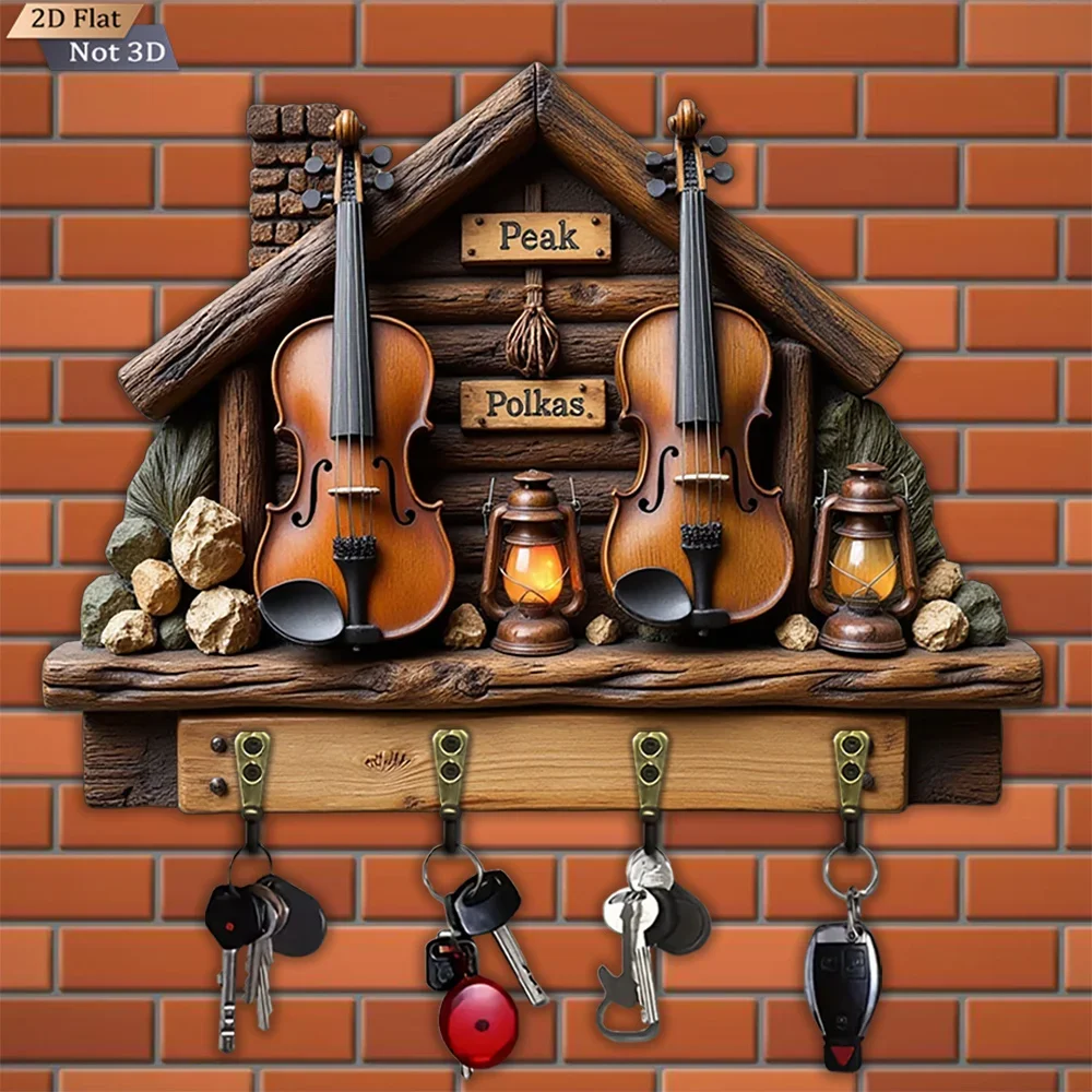 2D Flat, 1pc, Wooden Violin Shaped Key Hook Wooden Multifunctional Home Key Hook, with Four Metal Hooks, Wall Decoration, Porch