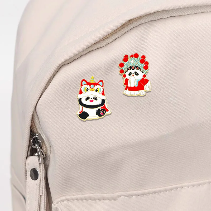 Chinese style national tide panda brooch cute panda opera Tai Chi lion dance juggling costume hat bag metal badge pin