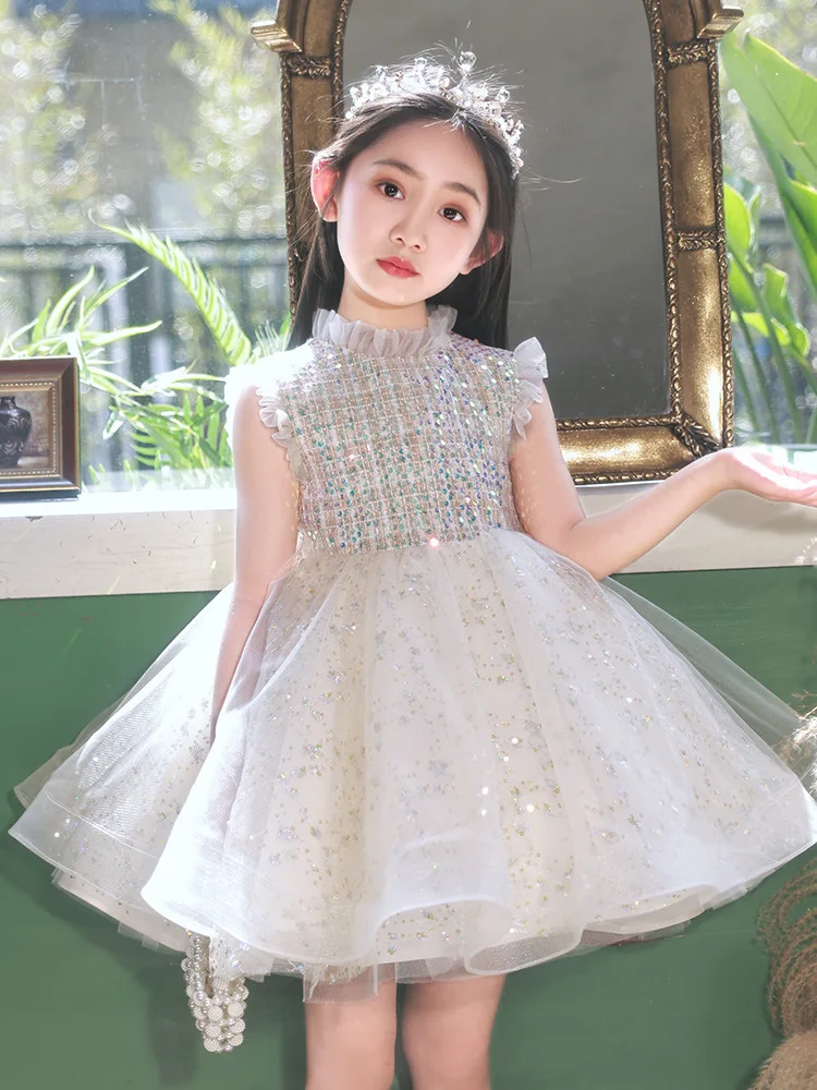 1-8 Years Old Flower Girls Formal Dress Luxury Sleeveless Falbala Ball Gowns Speech Show Performance Kids Tulle Princess Dresses