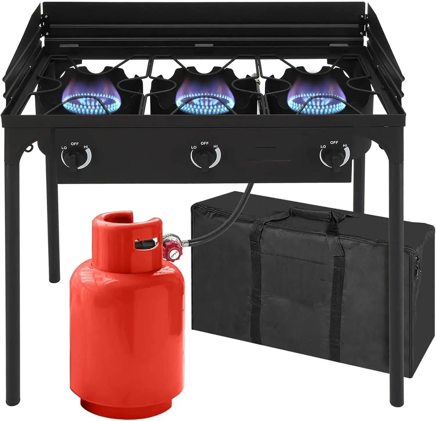 3-Burner Outdoor Portable Propane Burner Stove 225,000-BTU Gas Cooker with Windscreen & Carrying Bag, Heavy Duty Iron Cast Patio