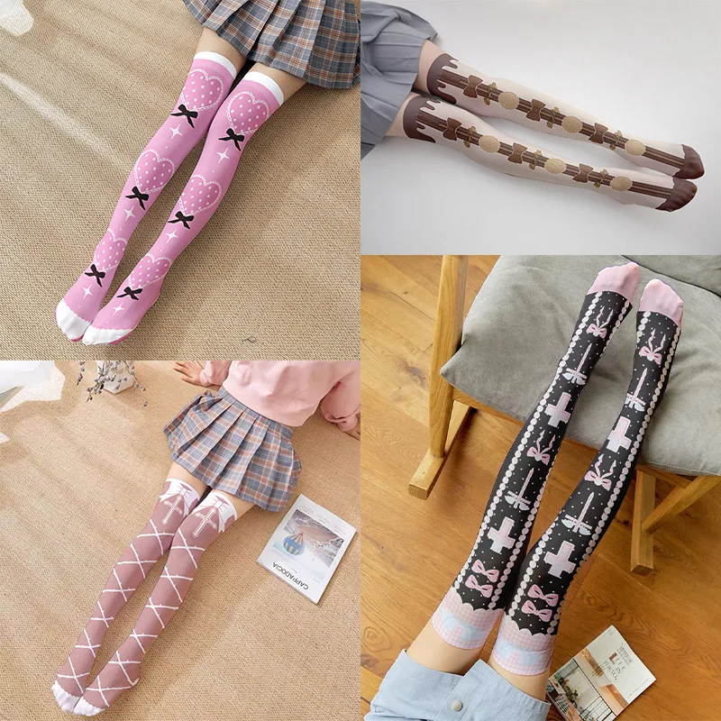 

Girl long tube sexy cute sweet Lolita thigh stockings cartoon style knee stockings women bow candy bunny pink stockings cosplay