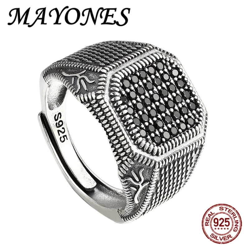 

НОВОЕ мужское кольцо из стерлингового серебра 925 пробы с простым квадратным цирконом и регулируемым ювелирным изделием в стиле панк