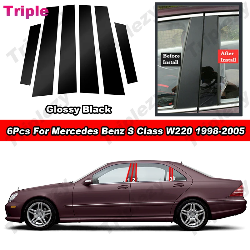 6Pcs Glossy Piano Black Car Door Window B C Pillar Post Cover Trim Carbon Fiber Sticker For Mercedes Benz S Class W220 1998-2005