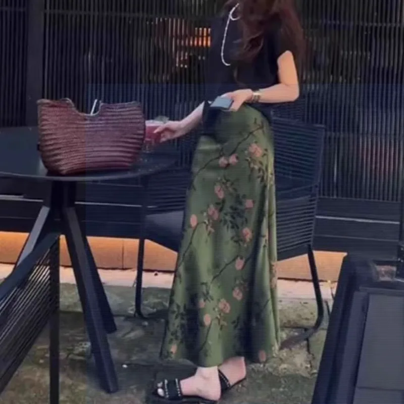 New Chinese Style Skirts Women Midi Fashion Summer Vintage A-line Casual Temperament All-match Simple Print Design Simple Faldas