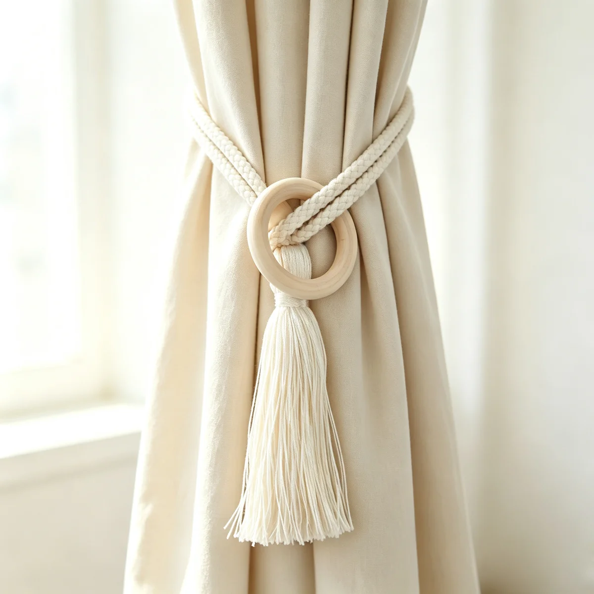 Wood Toggle Tassel Curtain Tieback, Woven Cotton Curtain Holdback for Household Window Curtain