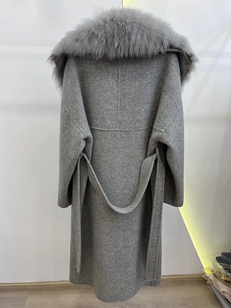2025 mode hiver longue femmes laine cachemire mélangé manteau grand réel argent col de fourrure de renard veste de luxe avec ceinture vêtements d'extérieur