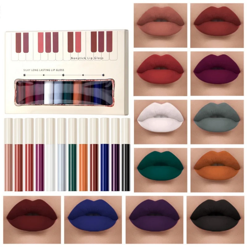 12Pcs/Set Liquid Lipstick Set Long Lasting Non-Stick Cup High Pigmented Makeup Matte Silky Velvet Maquiagem Glitter Soft