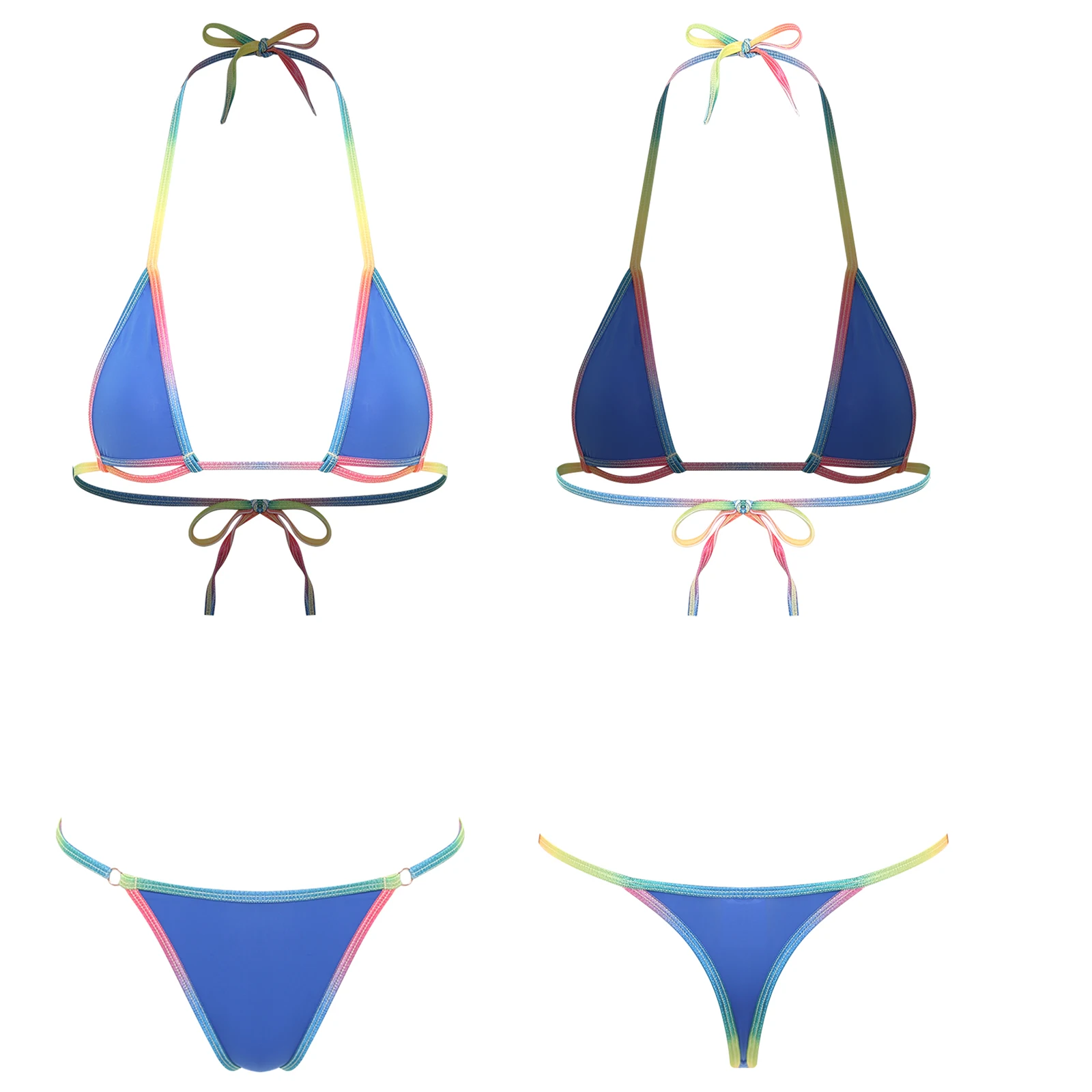 

Sexy Women Two Pieces Micro Bikini Set Colorful Rainbow Halter Straps Tie Bra Briefs Bikini Set Beach Vacation Swimming Swimsuit