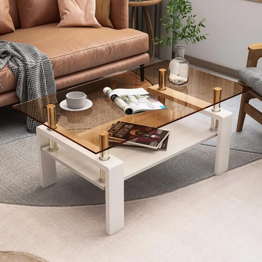 Rectangular Brown Glass Coffee Table with White MDF Base for Living Room and Office Use
