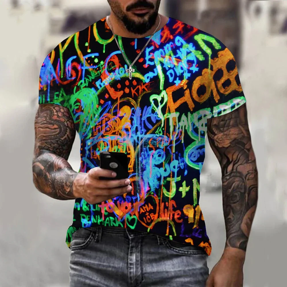 

Men's retro grfiti print T-shirt, short-sleeved T-shirt, casual and individual, street style, European and American fashion