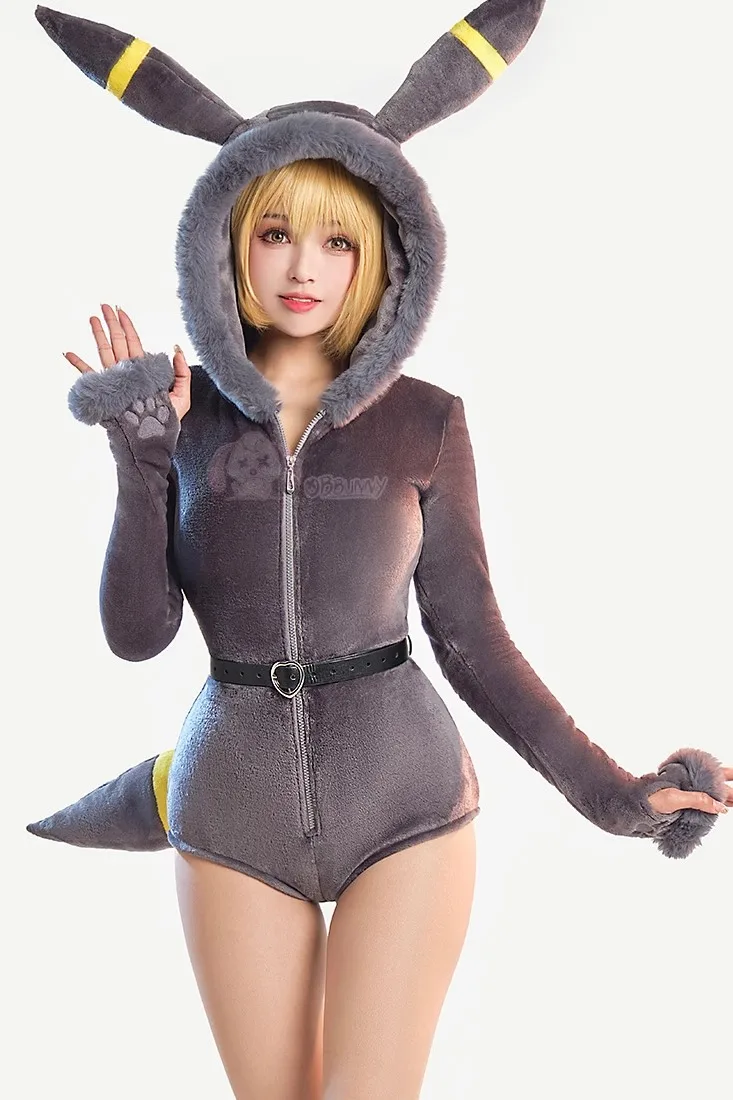 Bodysuit de pelúcia derivado anime para mulheres, macacão V profundo e meias, cinto e cauda, fantasia cosplay para meninas, lingerie sexy