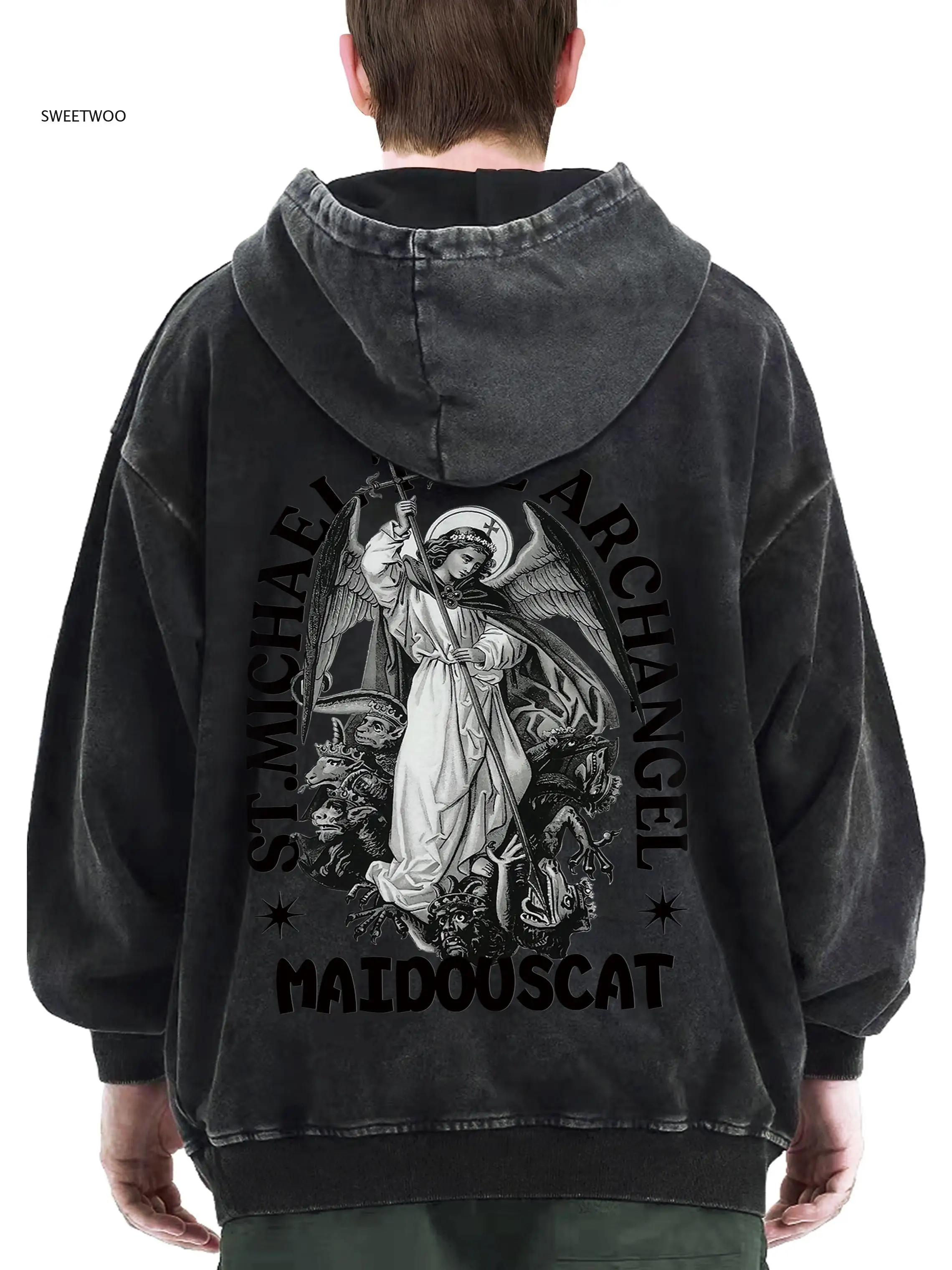 

Original design Men's hooded washed sweatshirt with print, fashionable and trendy Men's knitted sweatshirt