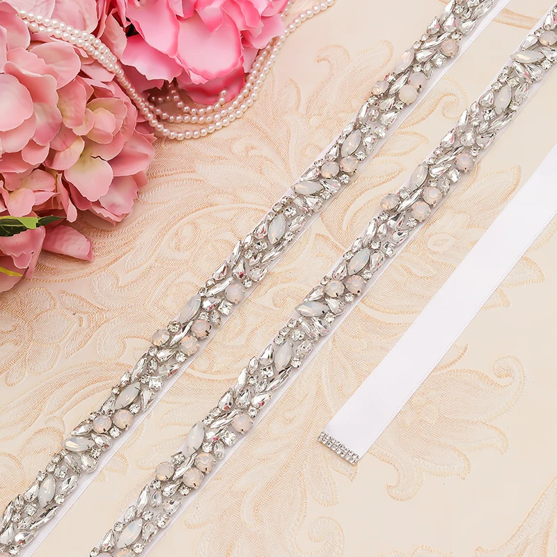 Silver Color Rhinestone Bridal Wedding Dress Sash Belt Accessories Opal Crystal Women Waistband