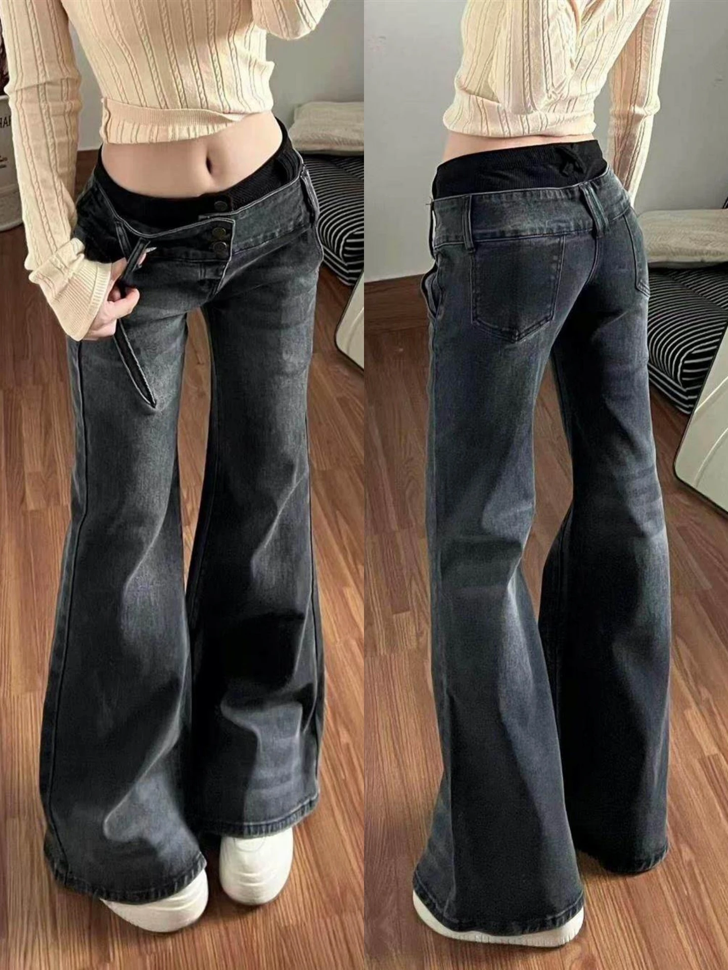 

Plus Size American Sle Retro Splicing Double Waist Head Micro Flared Denim Pants Women's Autumn Winter New Low Waist Slimming...