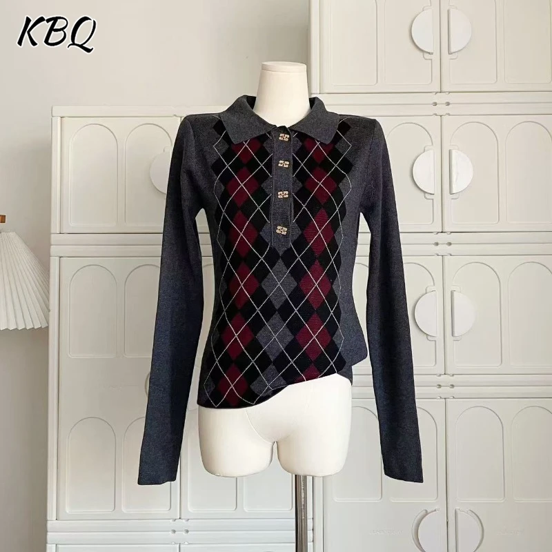 KBQ Hit Color Rhombus Grid Knitting Sweater For Women Lapel Long Sleeve Spliced Button Slimming Pullover Sweater Female Fashion