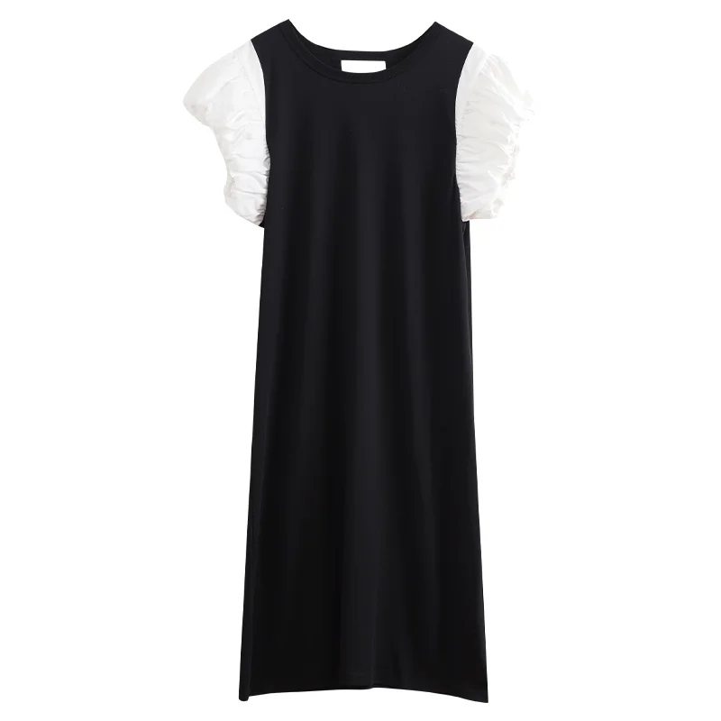 OLrain レディース エレガント サマードレス 2025 フレンチファッション カットアウトバック コントラスト 半袖 パッチワーク 女性服 O24XL82985