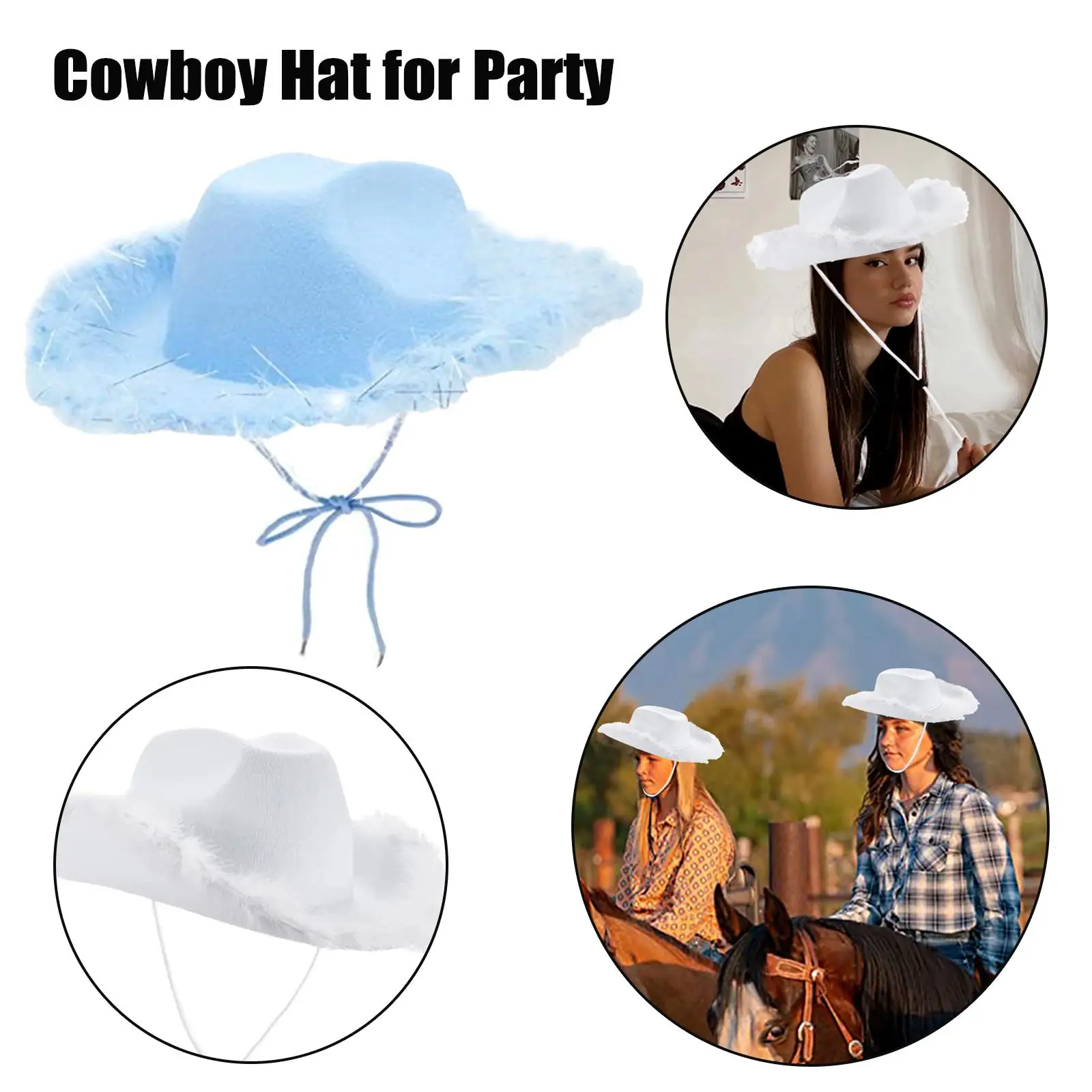 Cowboy Hat For Adult White And Blue Color Fluffy Feather Trim Felt Wide Brim Cowgirl Hat Fashion Female Cap For Dating Part O2G2