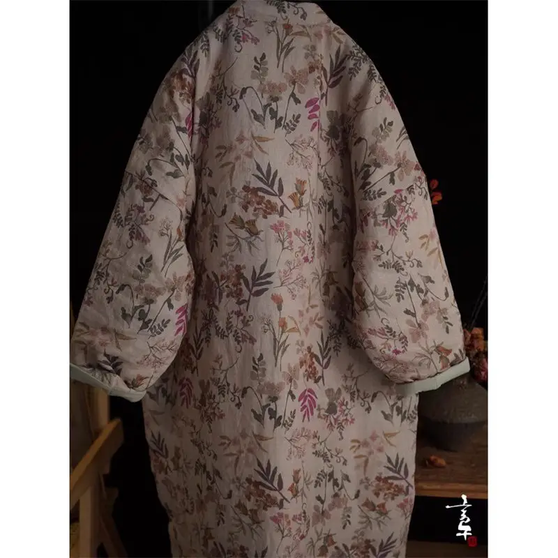 Vestido acolchado con botonadura inclinada y estampado de ramio Retro para mujer, ropa de algodón de longitud media, chaqueta cálida Zen china de