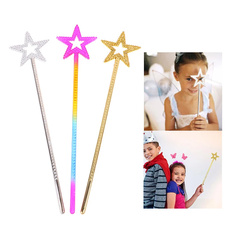 Varita de Hada de 13 pulgadas para escenario de niñas, varita de estrella de Ángel de plata dorada, estrella de cinco puntas, bastón de hadas de princesa de plástico, 1 unidad