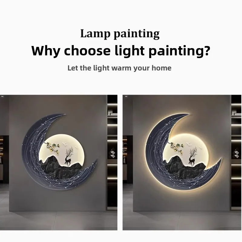 LED Elk Moon Decor Painting For Bedroom Children's Room Creative TV Background Stairway Aisle Wall Decor Corridor Mural Lamp