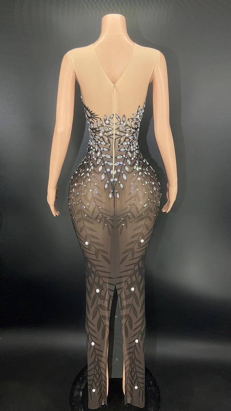 Robe Longue Personnalisée en Dentelle Transparente, Tenue de Spectacle, Paillettes, Diamant d'Eau, Hanche Ronde, Sexy