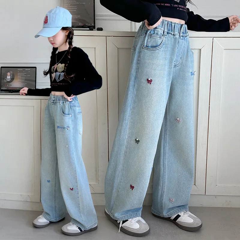 Wide Leg Jeans for Girls 2025 Autumn Pants for Kids Bow Embroidery Design Fashion Casual School Teenage Children Trousers 4-15Y