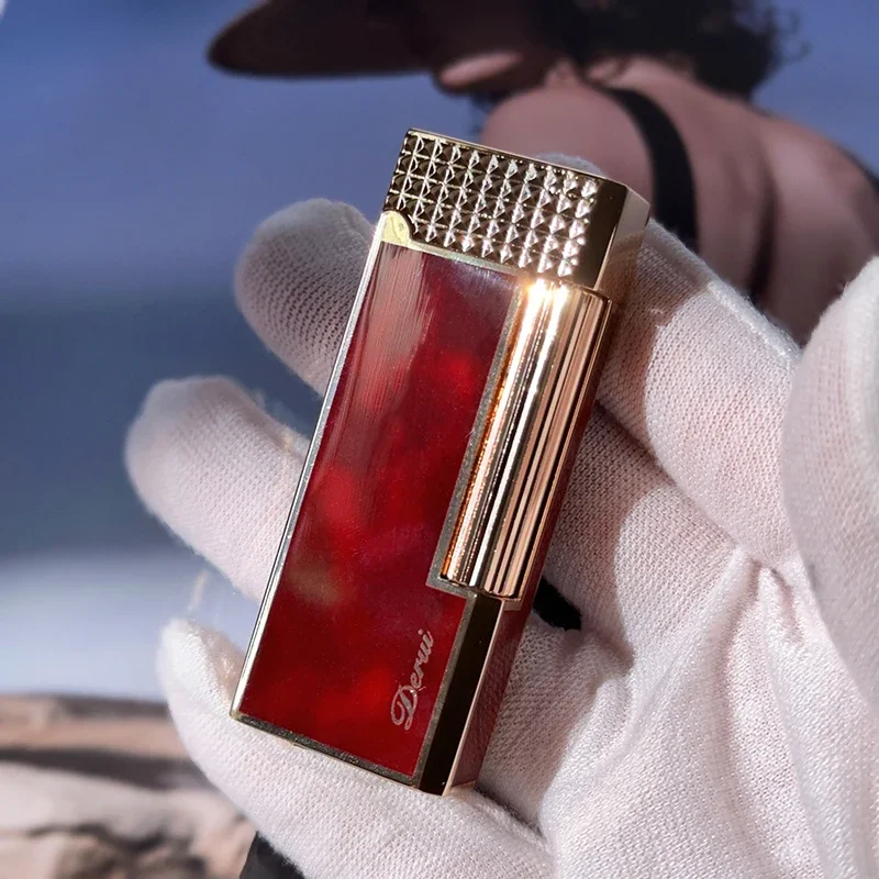 Luxury Bright Metal Lighter Red Narrow Version Inflatable Lighter Side Grinding Wheel Open Flame Gas Lighter High-end Men\'s Gift