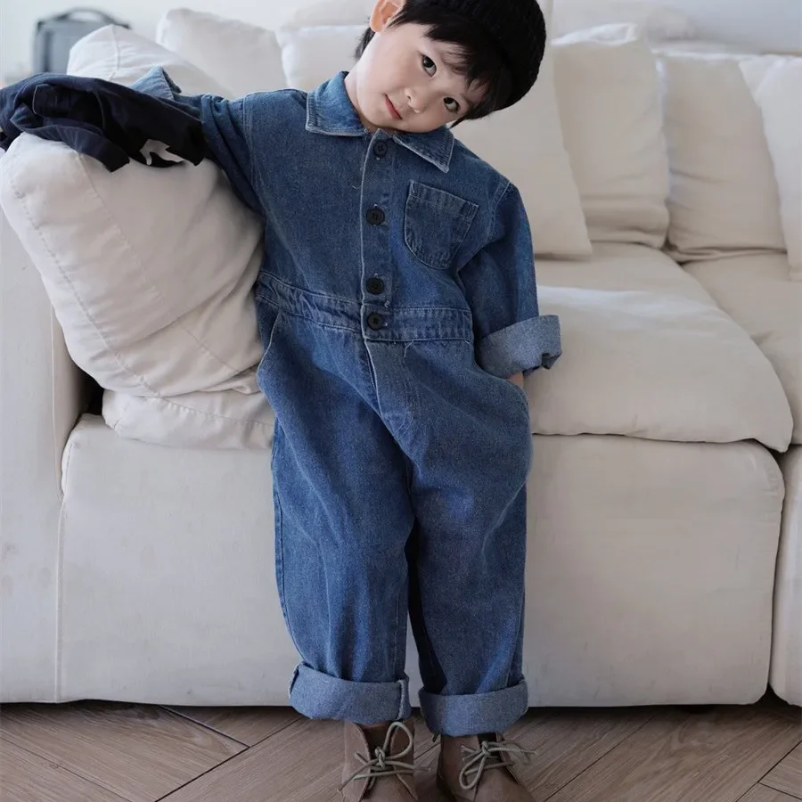 2024 Autumn Kids Baby Denim Romper Fashion Turn-Down Collar Long Sleeve Jumpsuit Boy Clothes Toddler Girls One-piece Onesie