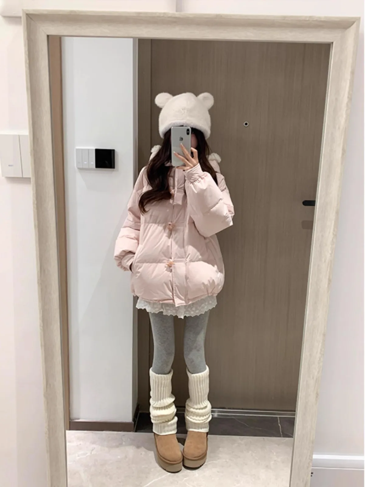 달콤한 핑크 리본 후드 다운 코튼 재킷 여성 겨울용 작은 사이즈 퍼 칼라 따뜻한 트렌디한 한국 스타일 롱 슬리브