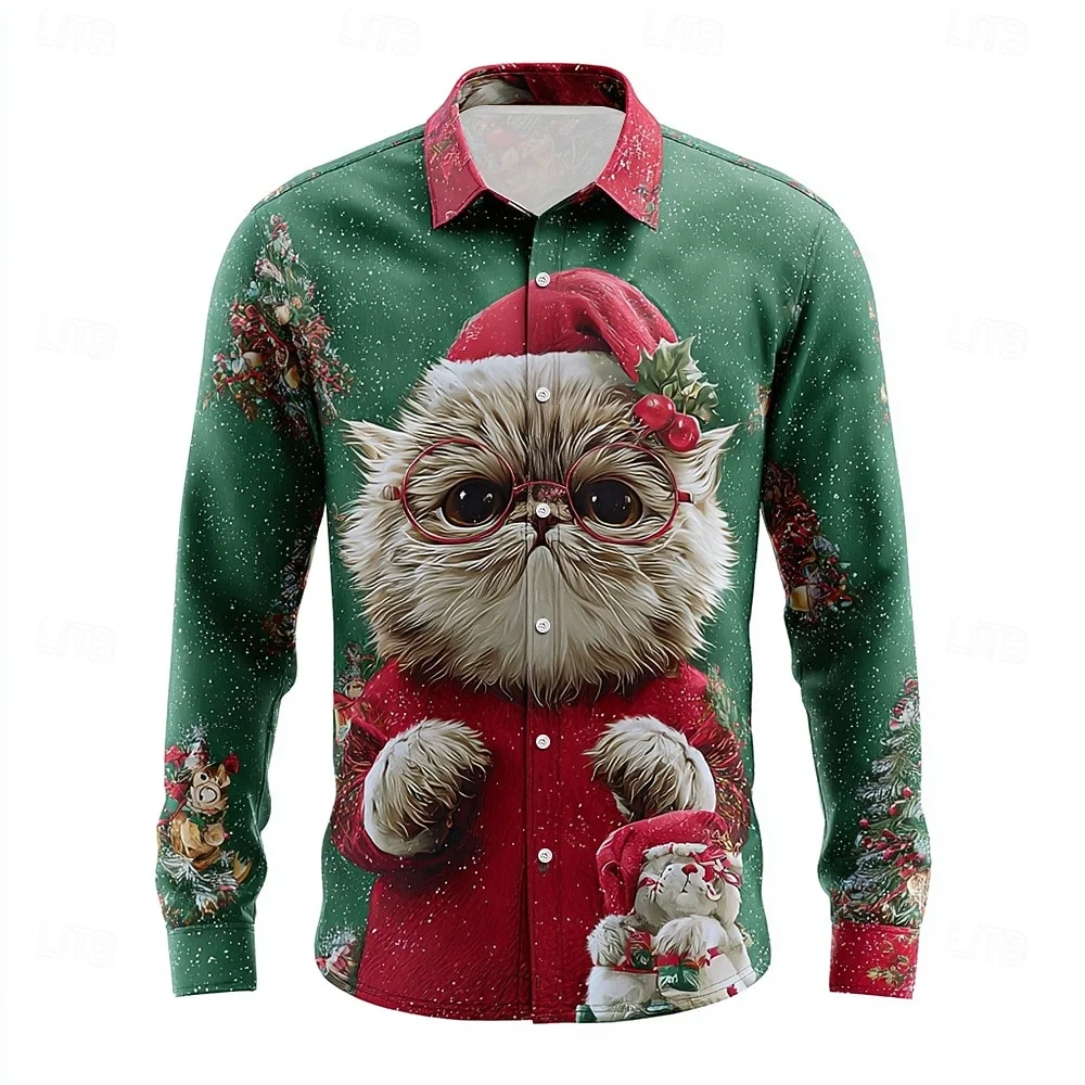 2026 Christmas Theme Men's Snowflake Christmas Animal Printed Men's Tops Shirts Red Shirt Casual Long Sleeve Shirt Street Blouse