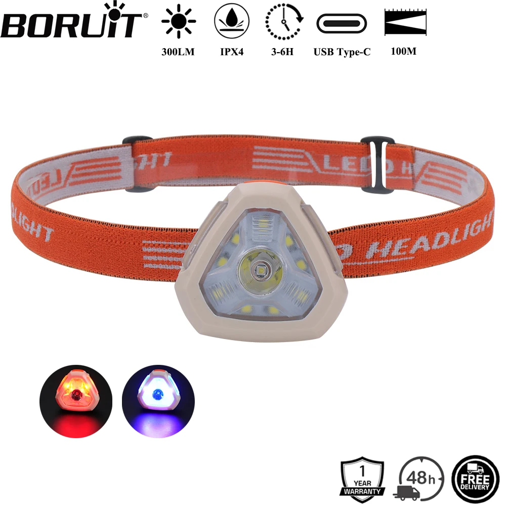 

BORUiT 300LM Cap Clip LED Headlamp Type-C Rechargeable 500mAh Headlight Red Light Waterproof Camping Fishing Head Torch