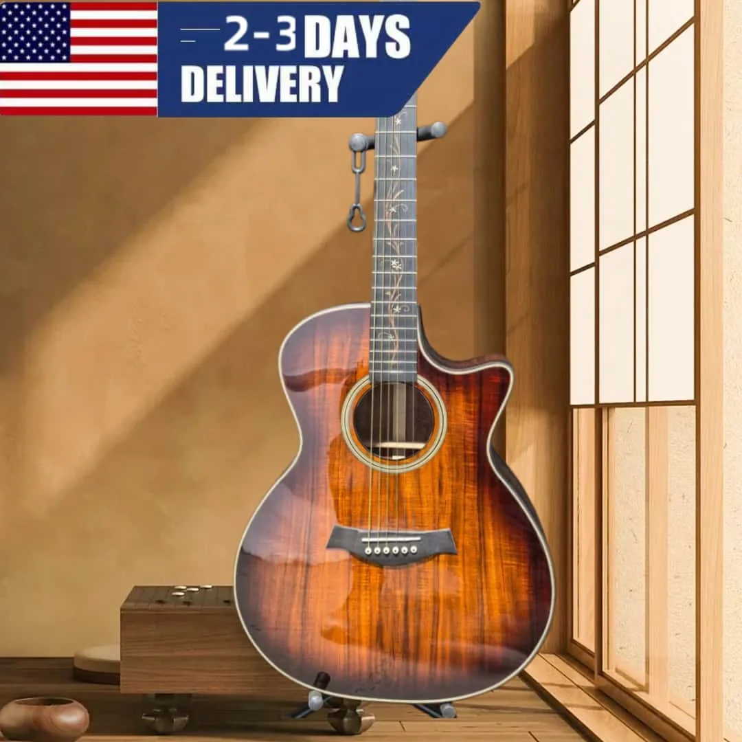 

New Arrival Gloss Koa Sunburst Cutaway Acoustic Guitar 6 String Solid Wood Top, Gold Tuning , Artistic Flower Vine Abalone Inlay Fingerboard Professional Performance Guitar